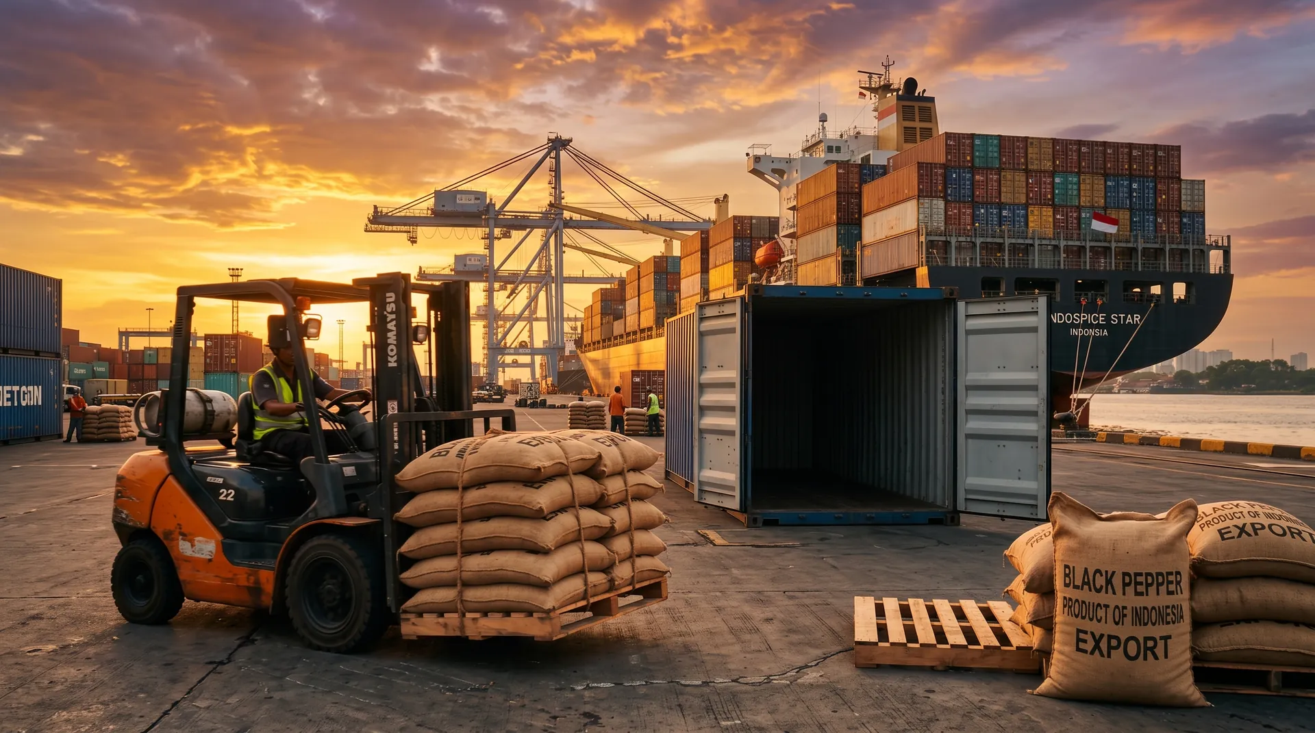 Shipping containers being loaded for export at a commercial port