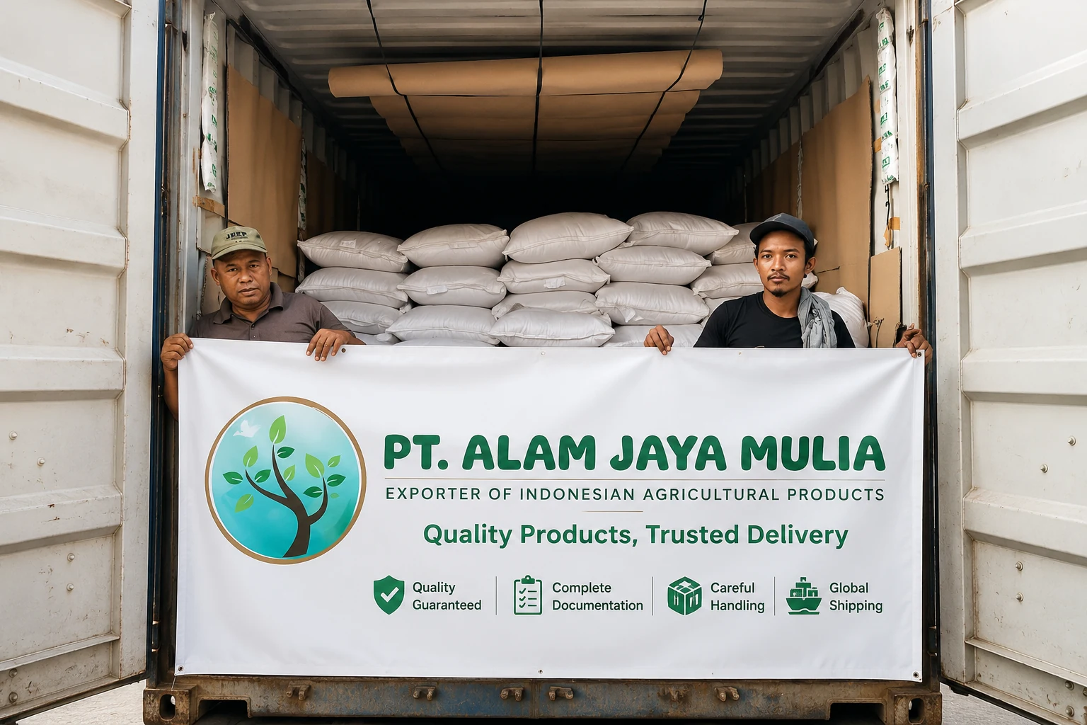 Actual container loading operation by PT Alam Jaya Mulia for international export.