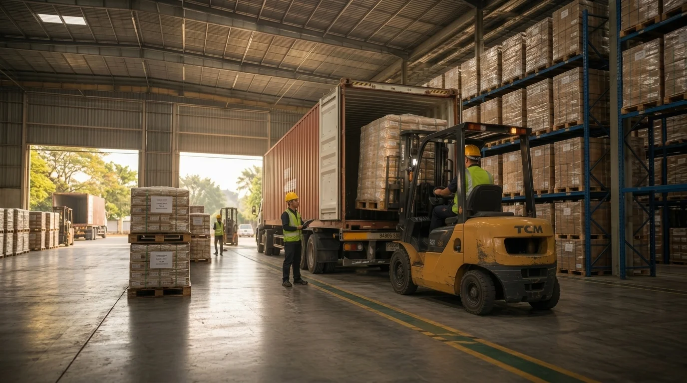 Container being loaded with export goods at a commercial port