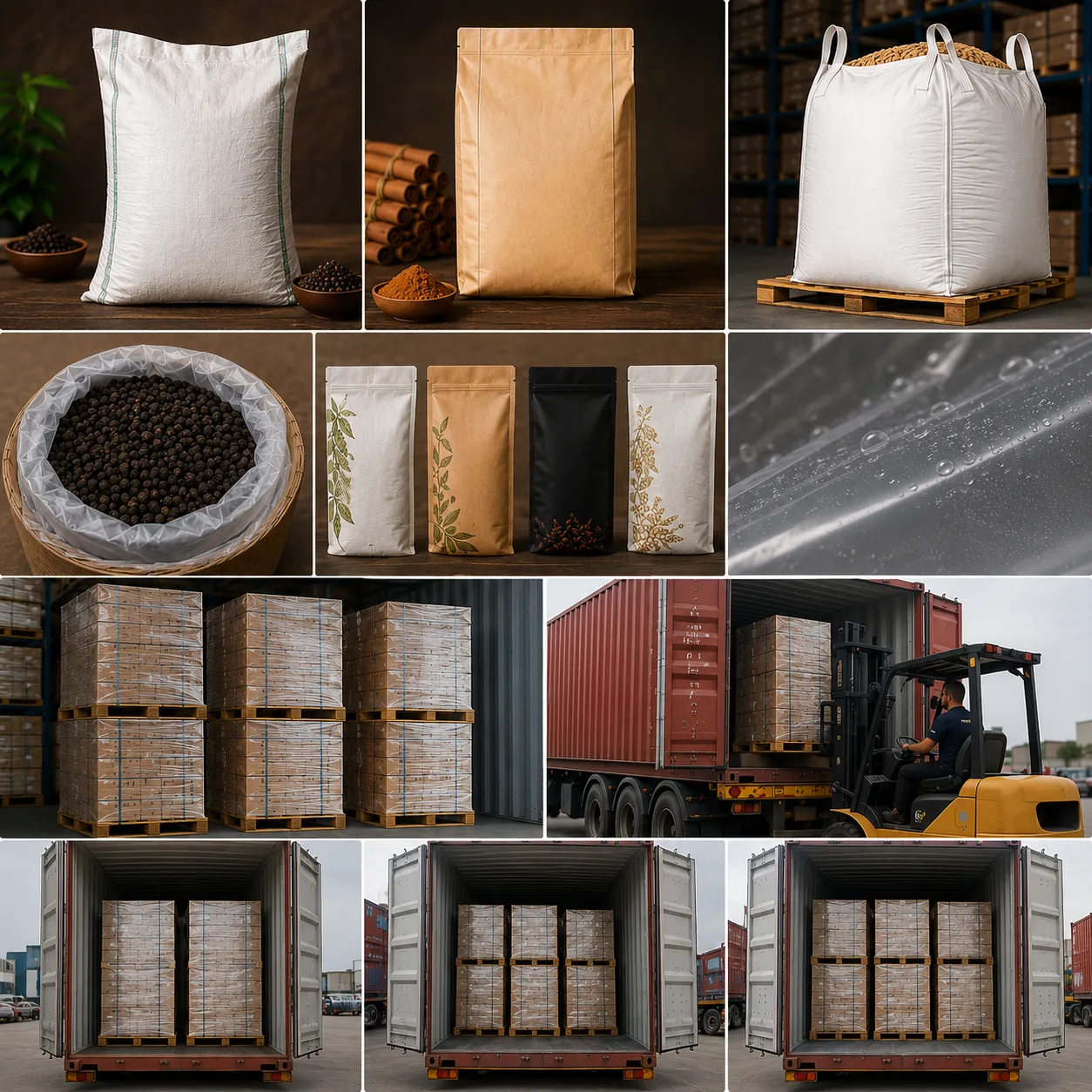 Export-ready spice sacks palletized and labeled for container loading