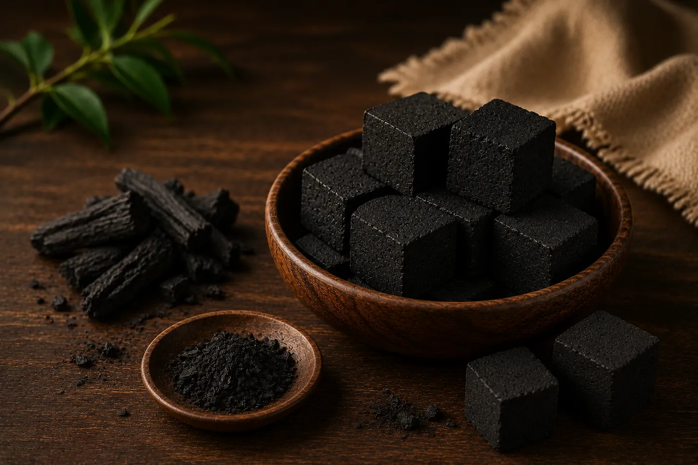 Pressed coconut shell charcoal briquettes, close detail