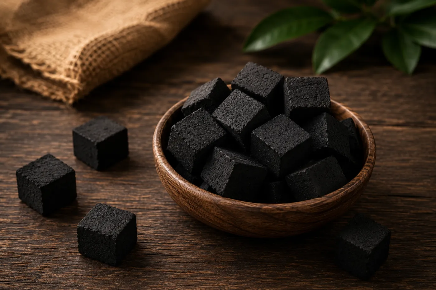 Pressed coconut shell charcoal briquettes stacked for export