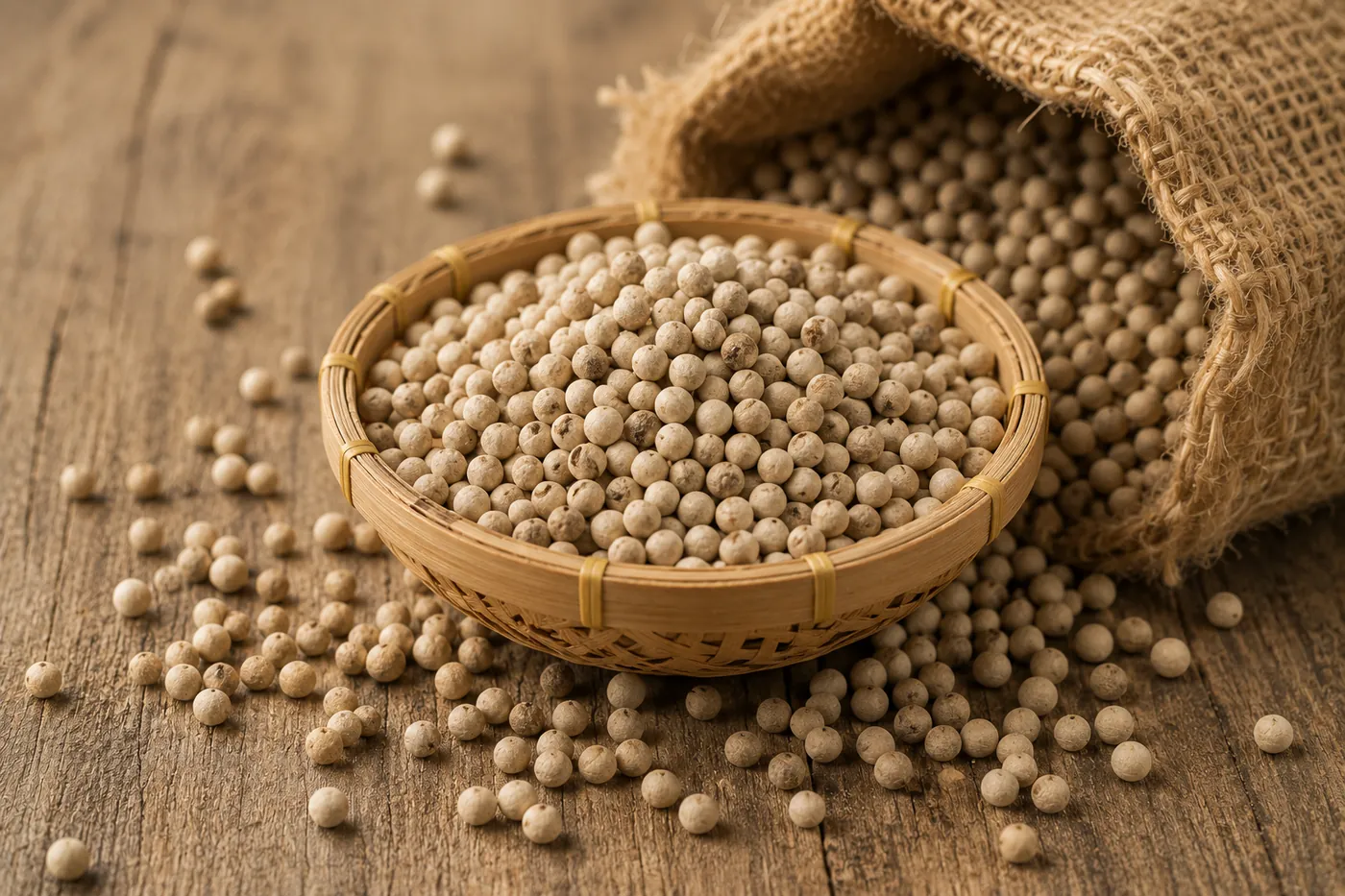 Clean West Kalimantan white pepper graded for food-safety export standards