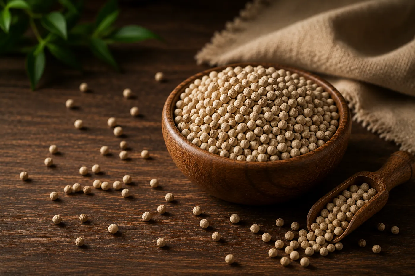 Premium Indonesian West Kalimantan white pepper corns, close detail