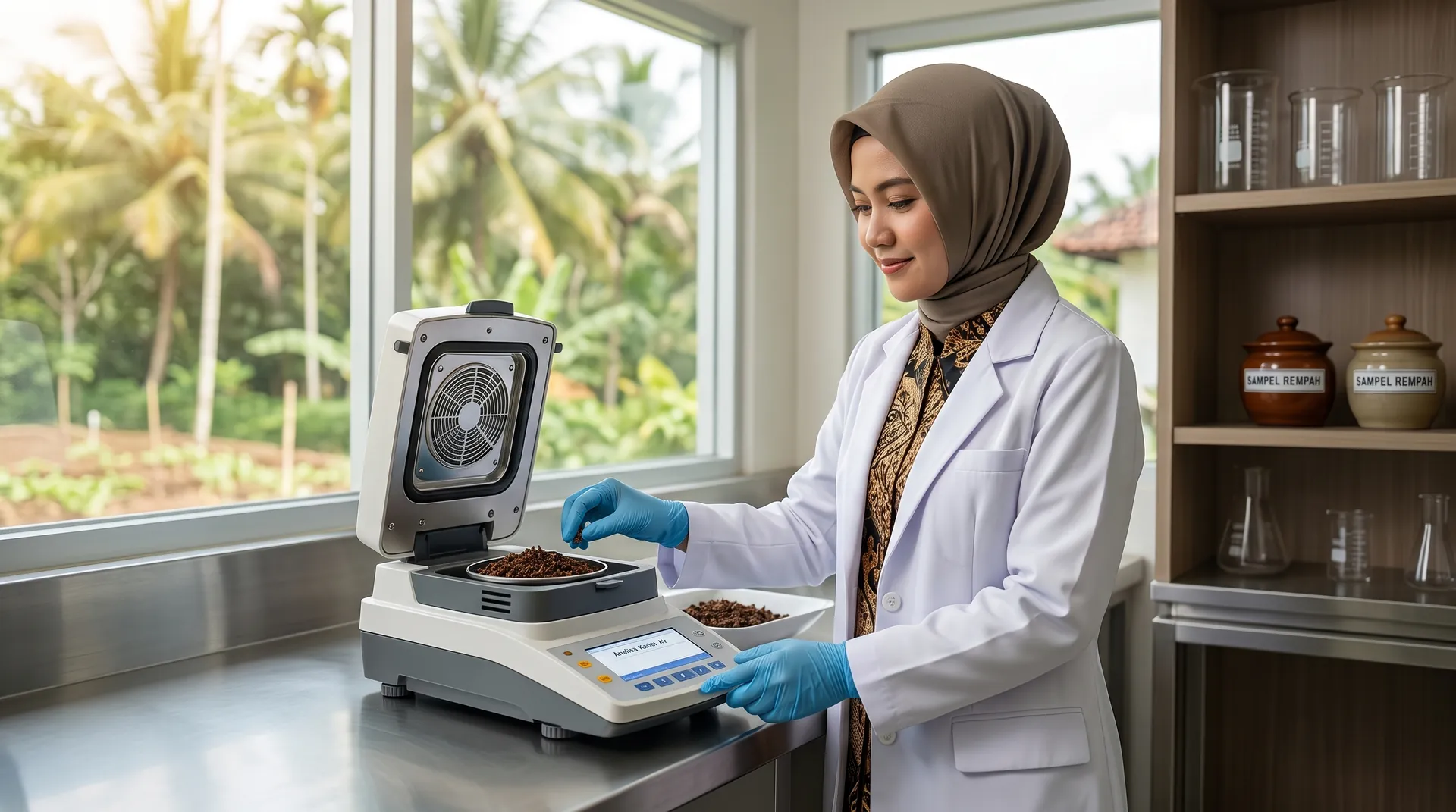 Laboratory technician testing moisture content of a spice sample