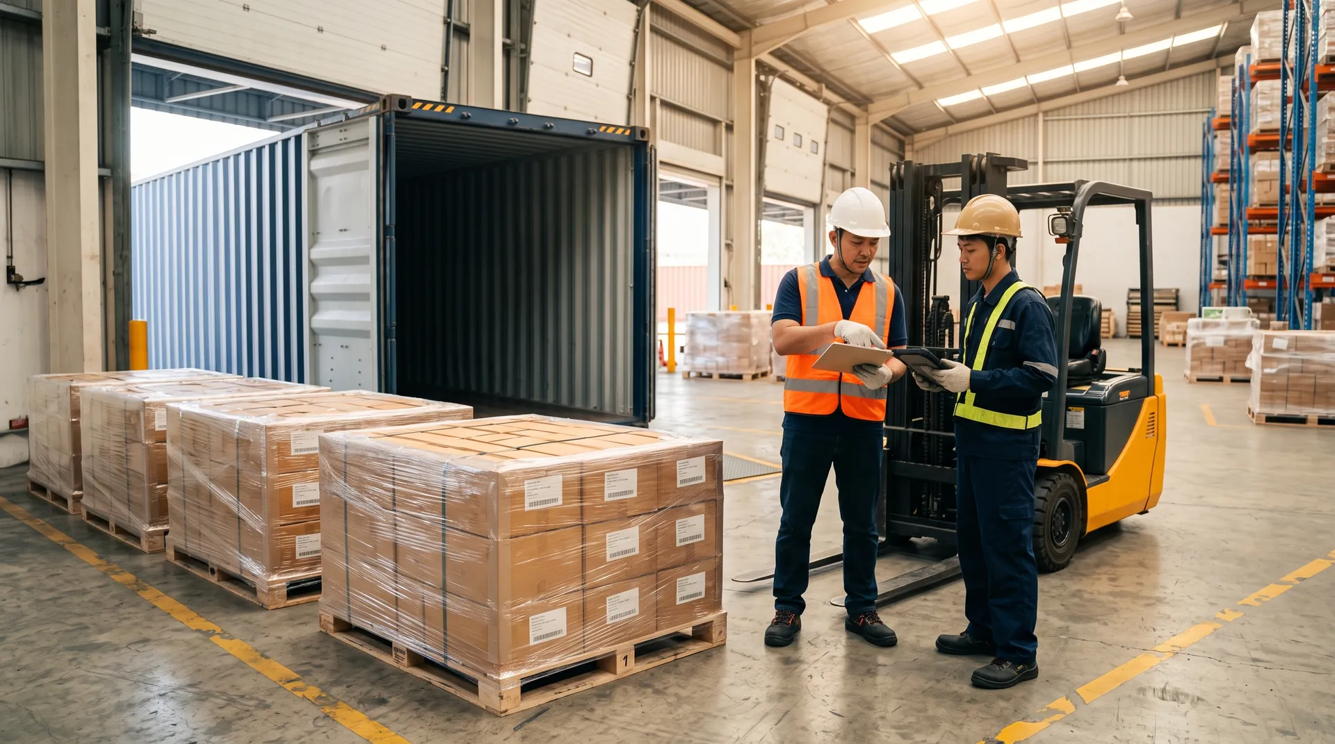 Pallets of export goods being loaded into a shipping container