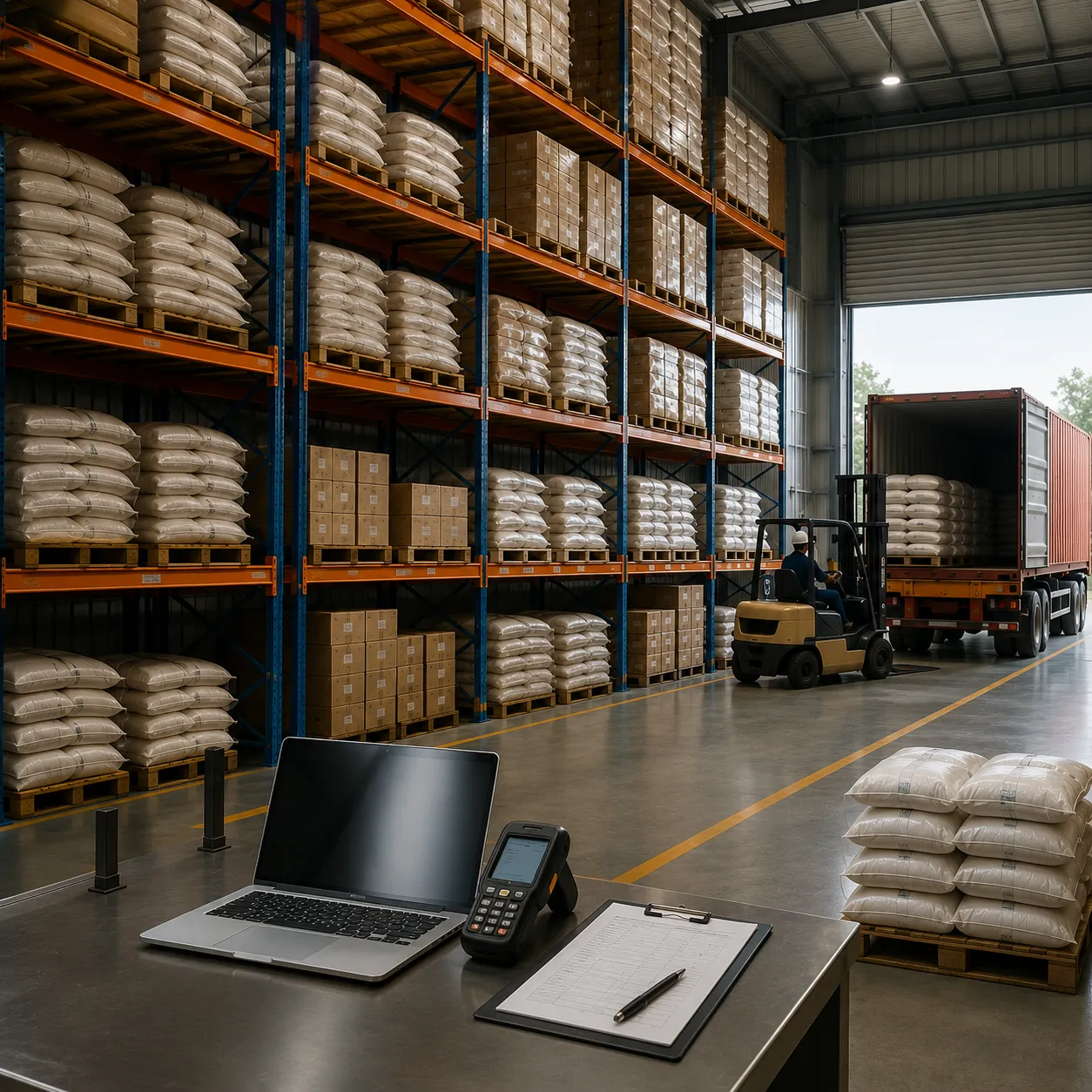 Climate-controlled commodity warehouse with palletized export stock